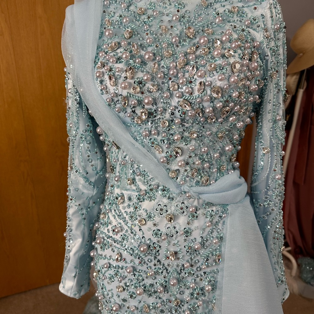 Elegant Blue Embellished custom made prom evening Dress